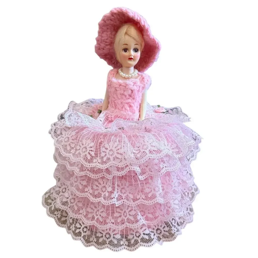 Vintage Handmade Crochet Doll Dress Toilet Paper Cover Pink Yarn Lace Pearl Hat